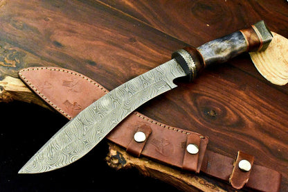 15" Handmade Damascus Steel Kris Blade Bowie Knife with Camel Bone & Walnut Handle
