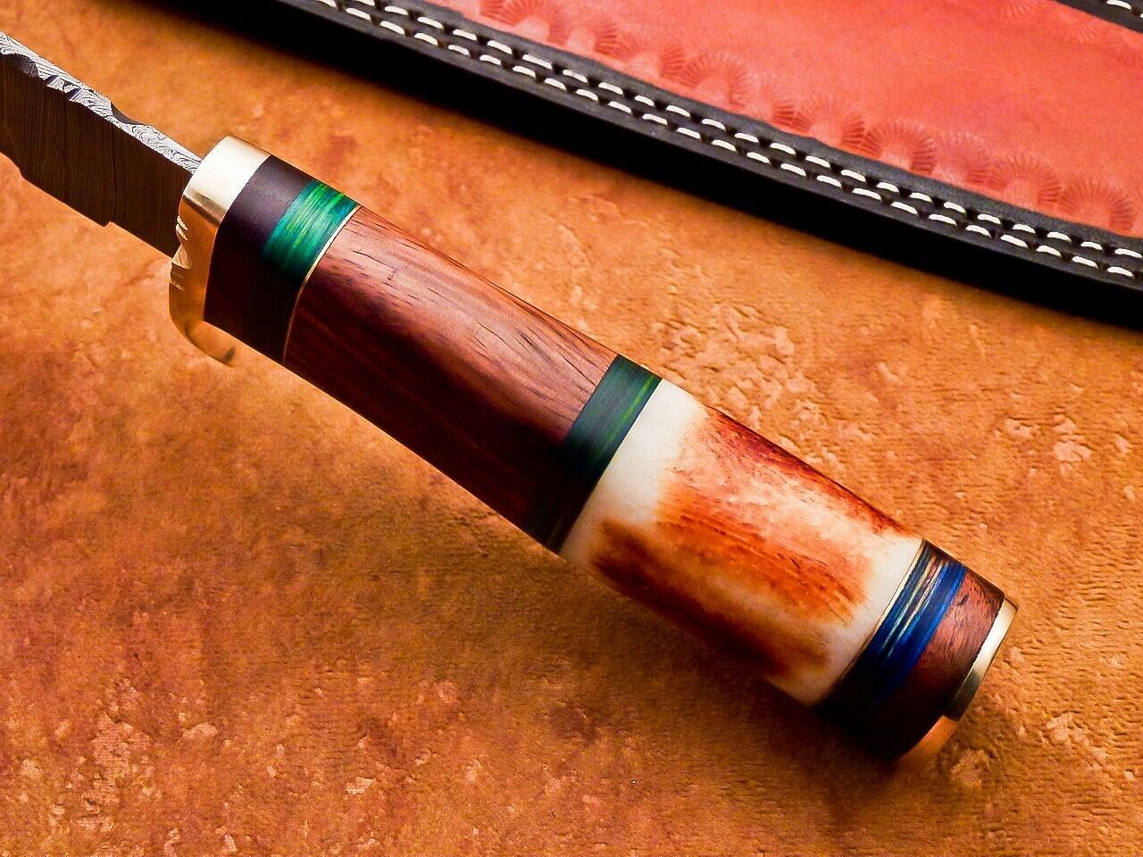 15 Inch Custom Handmade Damascus Hunting Knife with Natural Wood and Camel Bone Handle by Heritage Forge