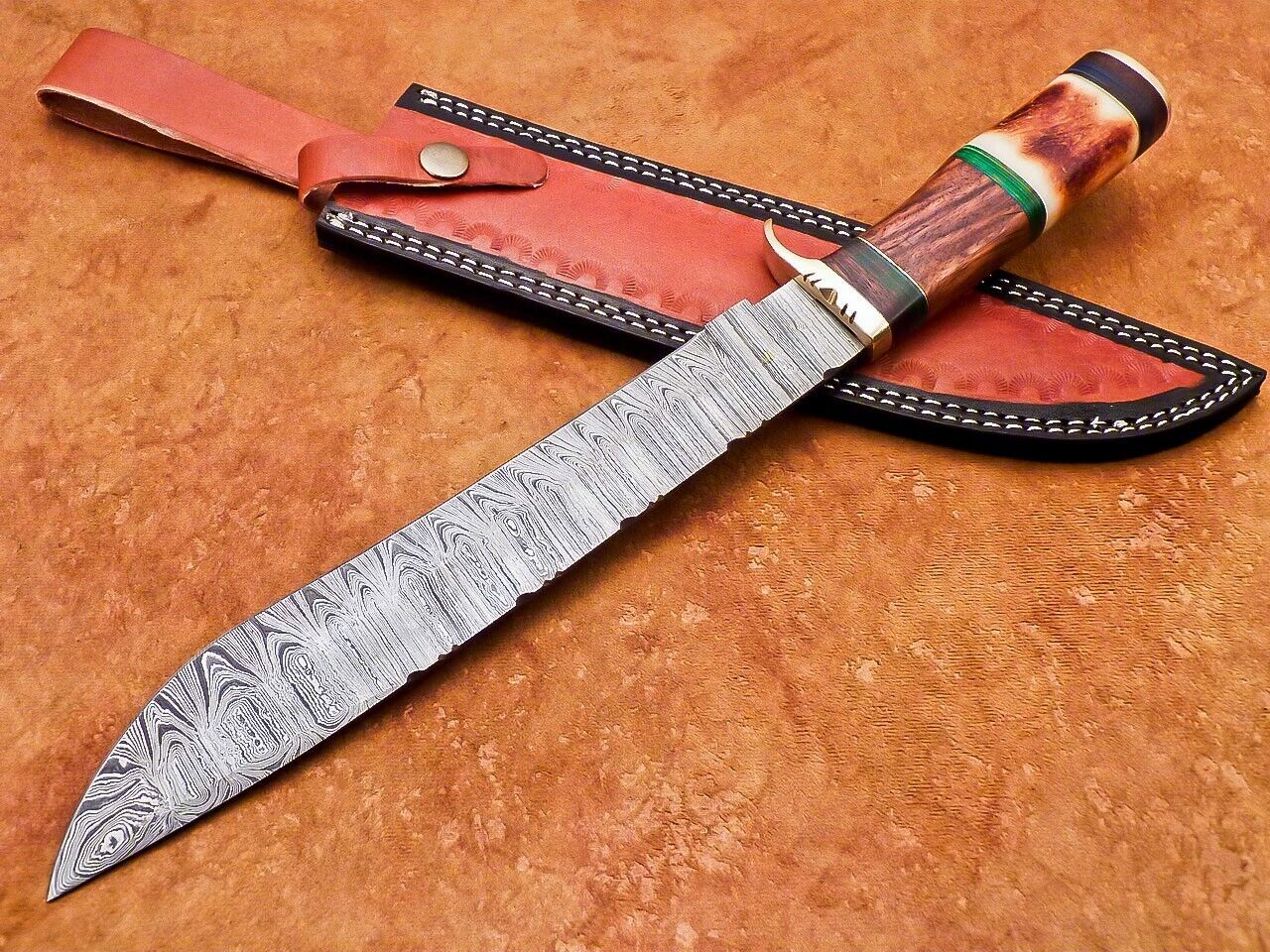 15 Inch Custom Handmade Damascus Hunting Knife with Natural Wood and Camel Bone Handle by Heritage Forge