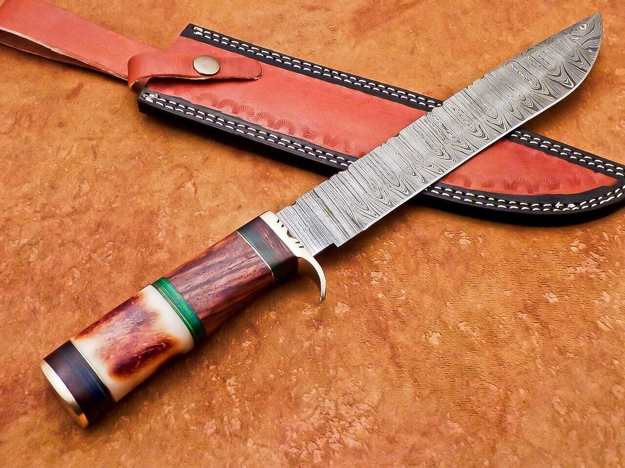 15 Inch Custom Handmade Damascus Hunting Knife with Natural Wood and Camel Bone Handle by Heritage Forge