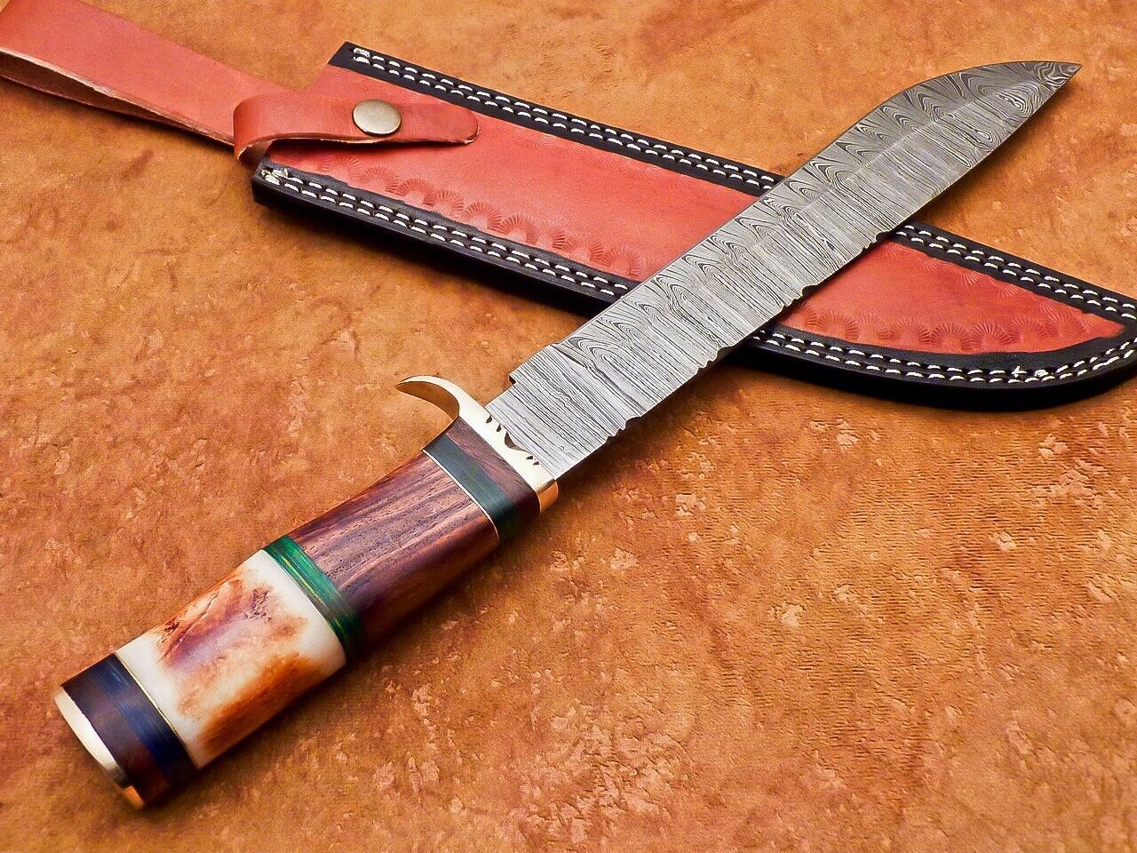 15 Inch Custom Handmade Damascus Hunting Knife with Natural Wood and Camel Bone Handle by Heritage Forge
