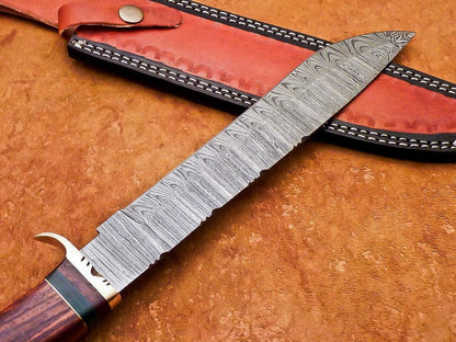 15 Inch Custom Handmade Damascus Hunting Knife with Natural Wood and Camel Bone Handle by Heritage Forge