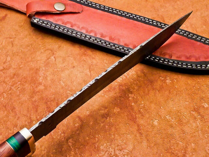 15 Inch Custom Handmade Damascus Hunting Knife with Natural Wood and Camel Bone Handle by Heritage Forge