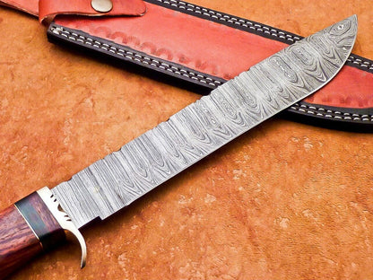 15 Inch Custom Handmade Damascus Hunting Knife with Natural Wood and Camel Bone Handle by Heritage Forge