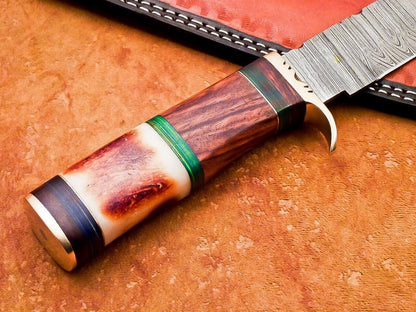 15 Inch Custom Handmade Damascus Hunting Knife with Natural Wood and Camel Bone Handle by Heritage Forge