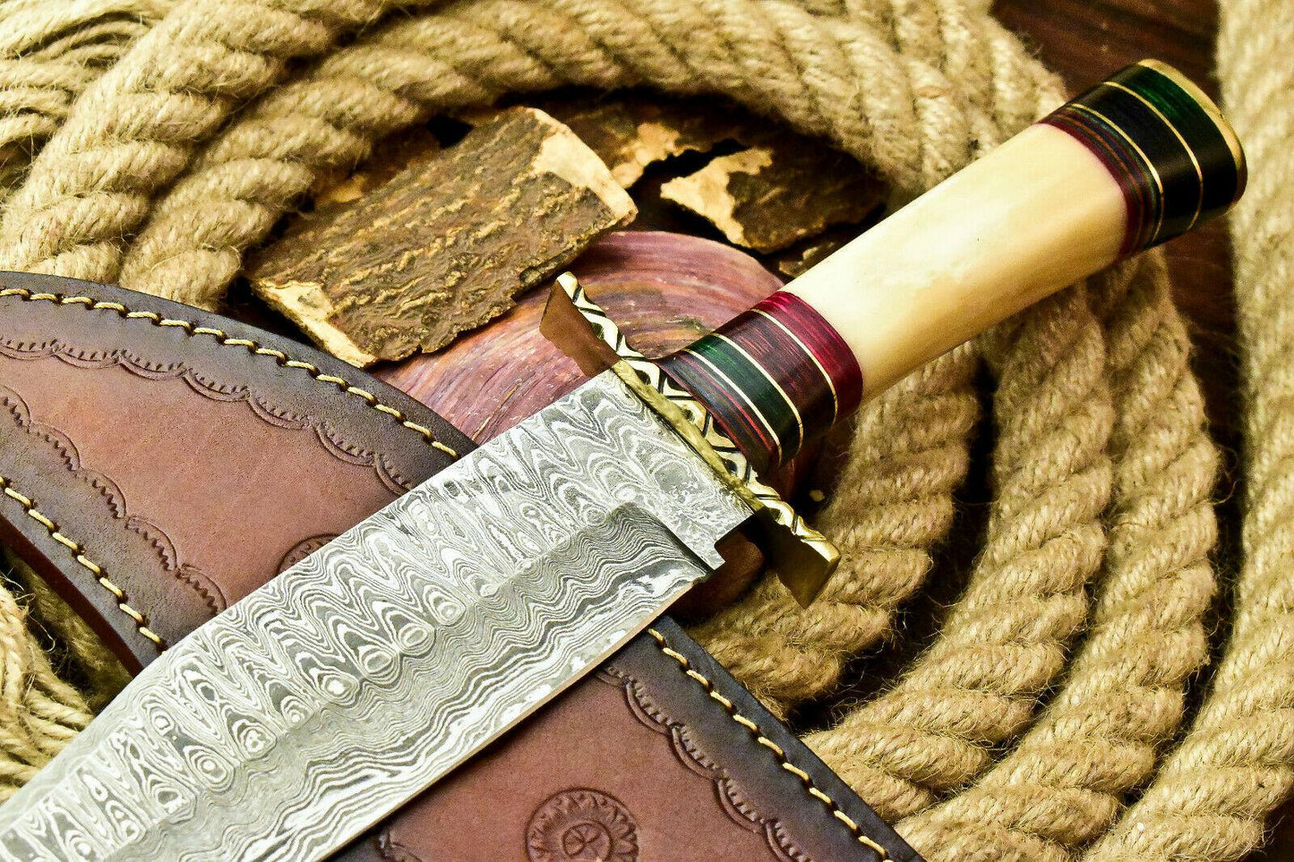 13" Handmade Damascus Steel Bowie Knife – Stained Camel Bone Handle & Leather Sheath