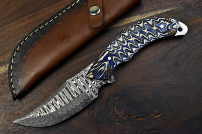 Handmade Ladder Damascus Skinner Knife with Ash Wood Handle for Hunting