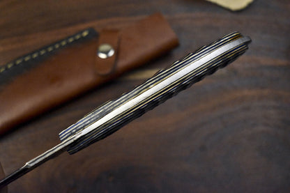 Handmade Ladder Damascus Skinner Knife with Ash Wood Handle for Hunting