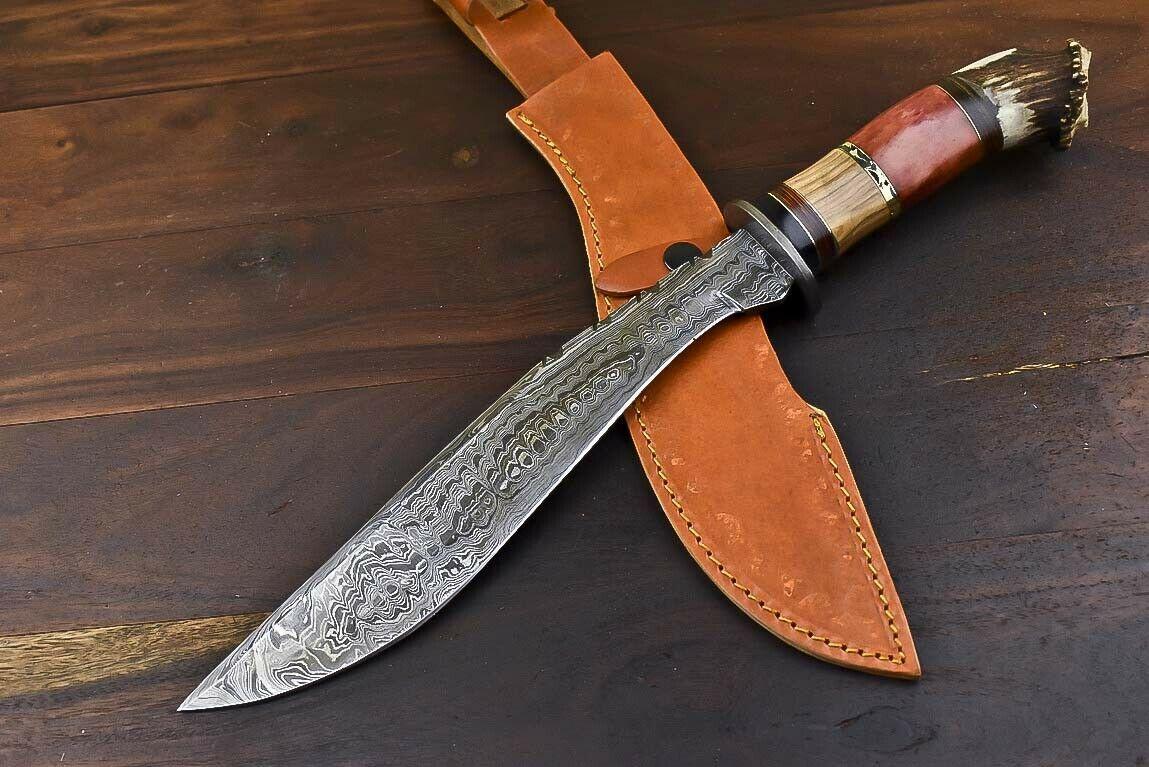 16" Crown Antler Damascus Steel Bowie Knife | Handmade by Heritage Forge