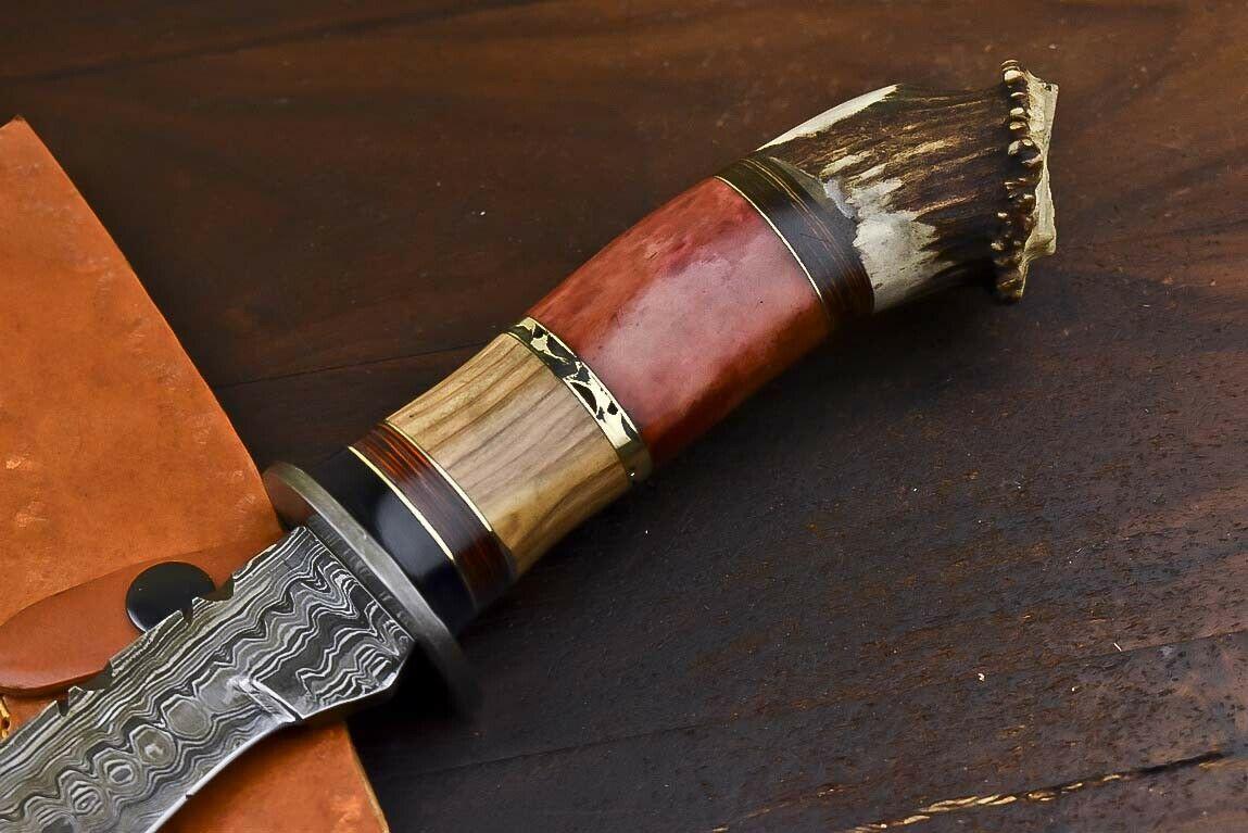 16" Crown Antler Damascus Steel Bowie Knife | Handmade by Heritage Forge