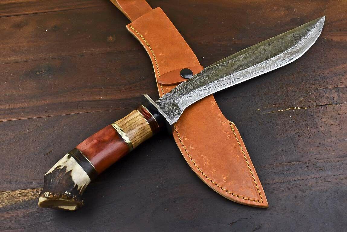 16" Crown Antler Damascus Steel Bowie Knife | Handmade by Heritage Forge