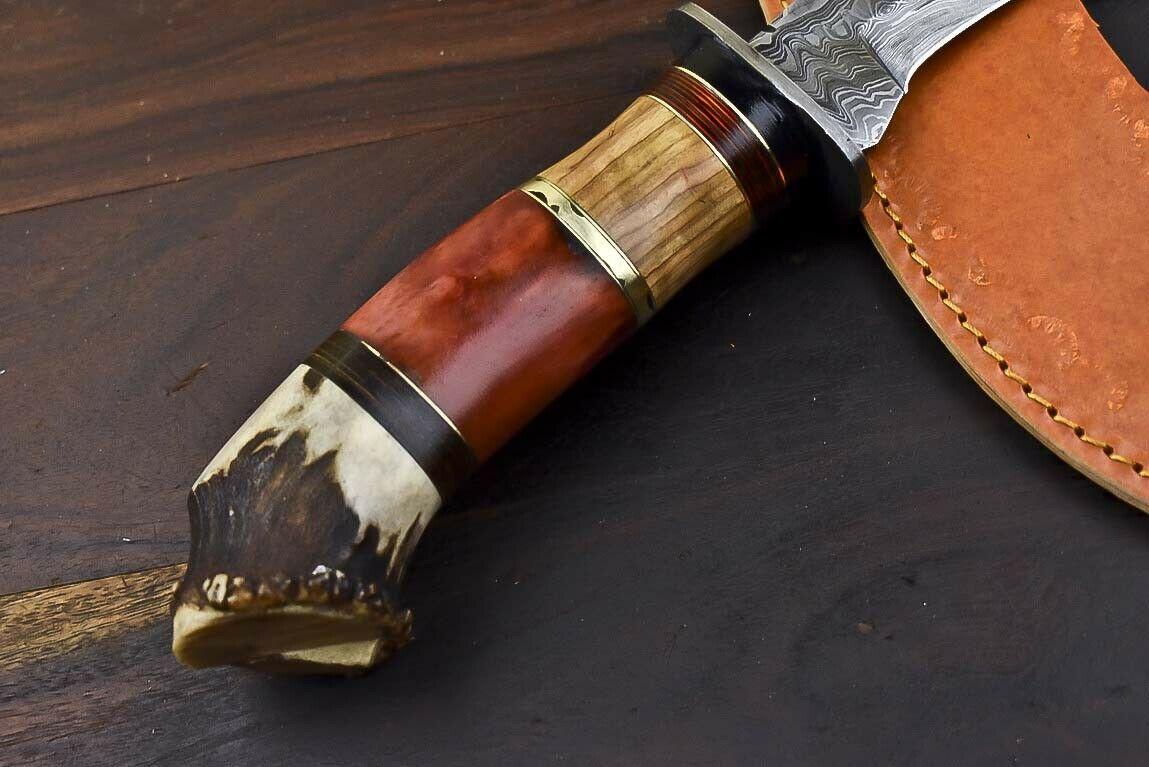 16" Crown Antler Damascus Steel Bowie Knife | Handmade by Heritage Forge