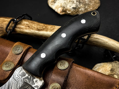 Handmade Damascus Hunting Knife – Micarta Handle & Leather Sheath