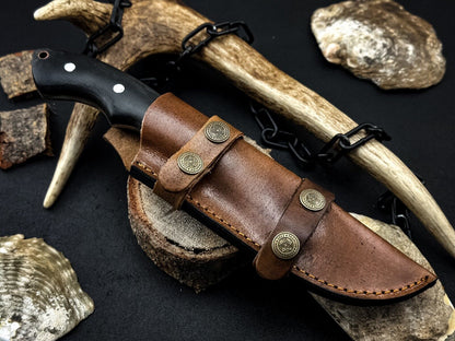 Handmade Damascus Hunting Knife – Micarta Handle & Leather Sheath