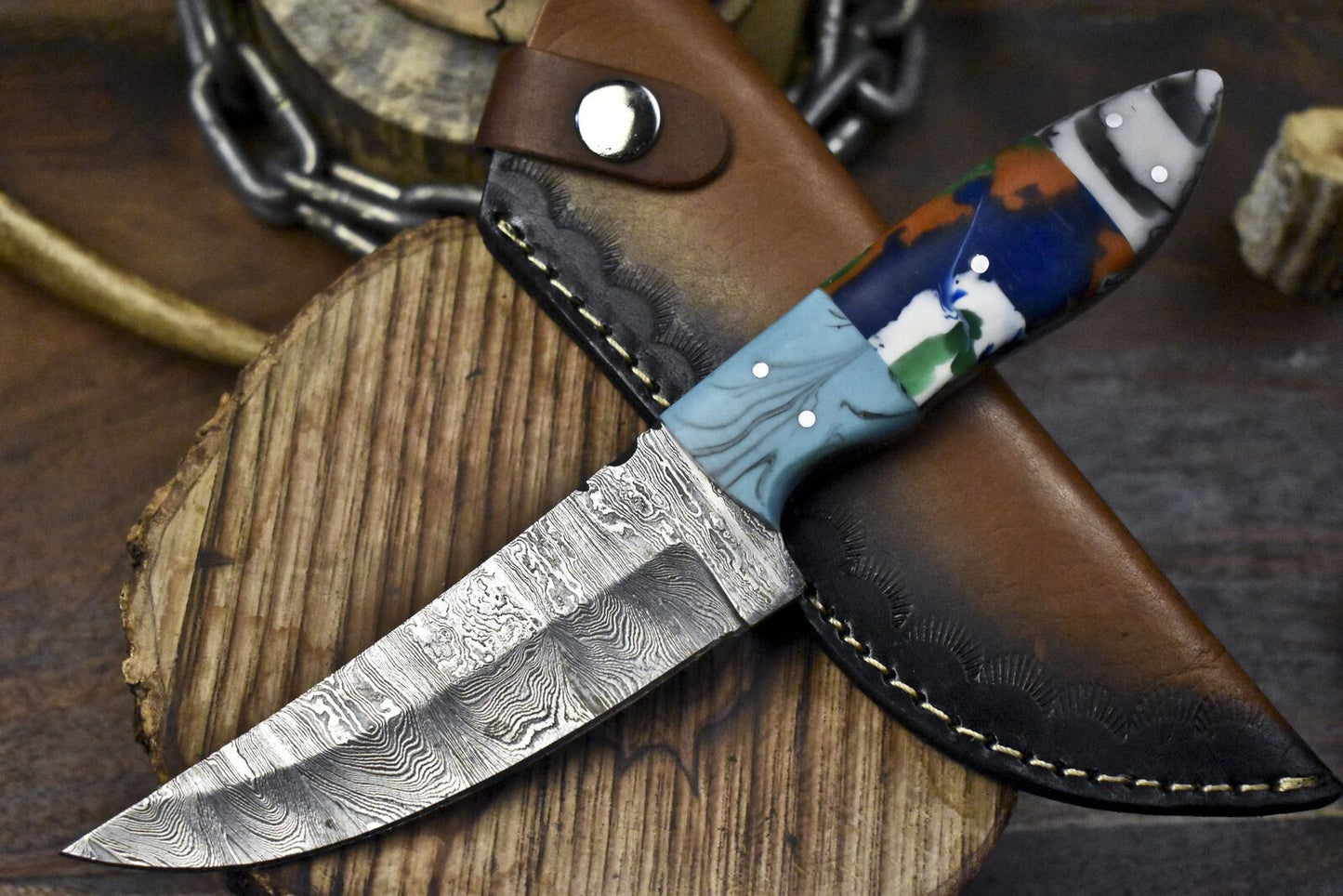 Forged Twist Damascus Skinner Knife with Corian Handle and Micarta Bolster – Outdoor Fixed Blade Hunting Knife