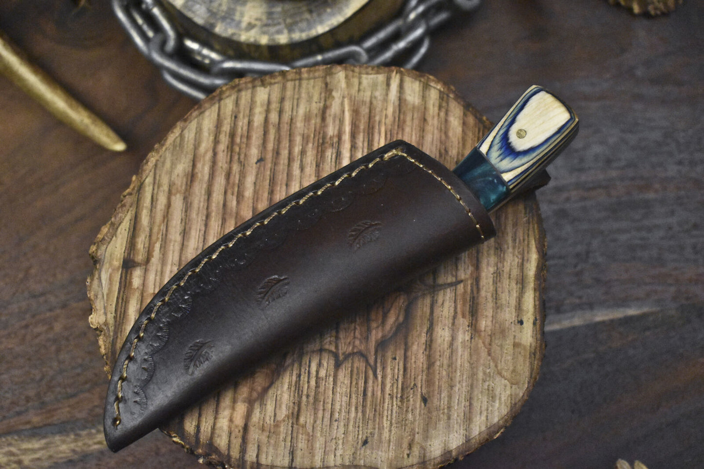 7" Custom Twist Damascus Skinner Knife Mixed Material Handle Hiking Closeout