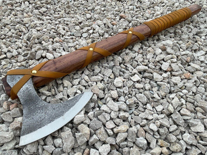 Custom Handmade Viking Axe Carbon Steel Tomahawk with Leather Wrapped Wood Handle and Sheath