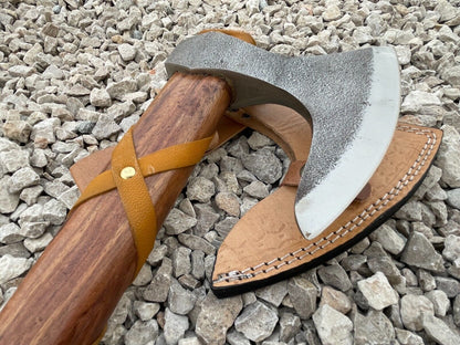 Custom Handmade Viking Axe Carbon Steel Tomahawk with Leather Wrapped Wood Handle and Sheath