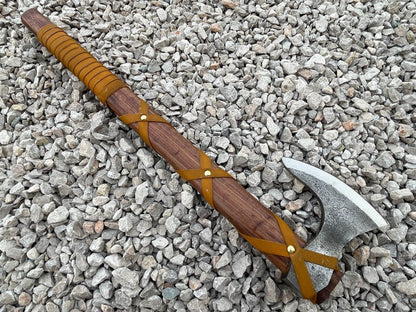 Custom Handmade Viking Axe Carbon Steel Tomahawk with Leather Wrapped Wood Handle and Sheath