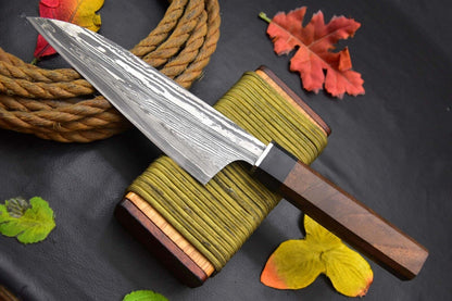 Fixed Blade Handmade Damascus Steel Chef Knife – Walnut & Horn Handle, Full Tang