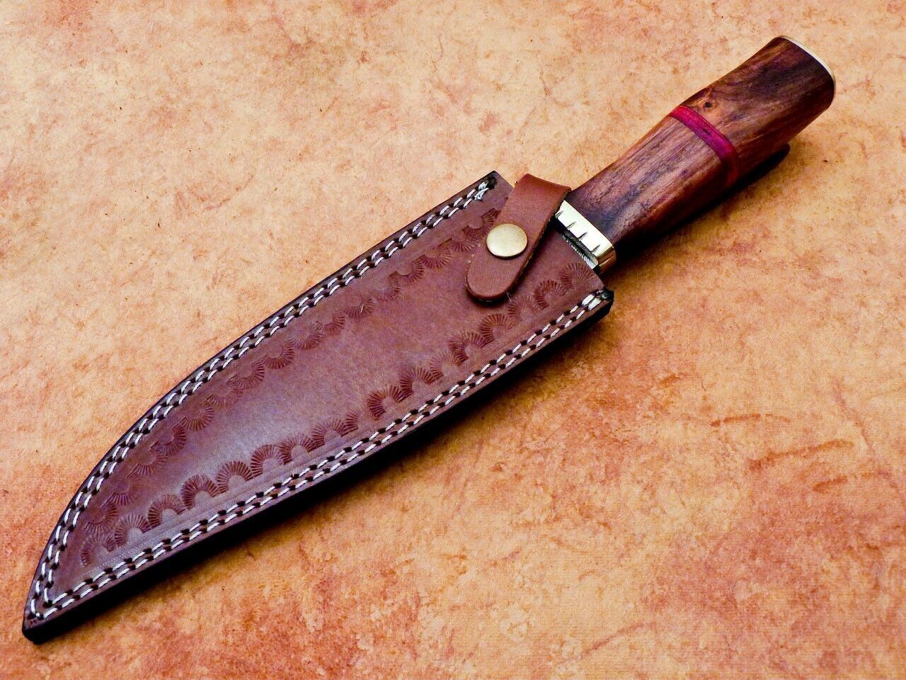 Heritage Forge 12" Handmade Damascus Steel Hunting Knife with Natural Wood Handle and Leather Sheath