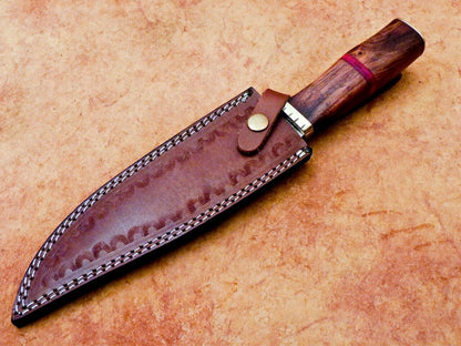 Heritage Forge 12" Handmade Damascus Steel Hunting Knife with Natural Wood Handle and Leather Sheath