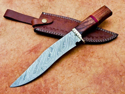 Heritage Forge 12" Handmade Damascus Steel Hunting Knife with Natural Wood Handle and Leather Sheath