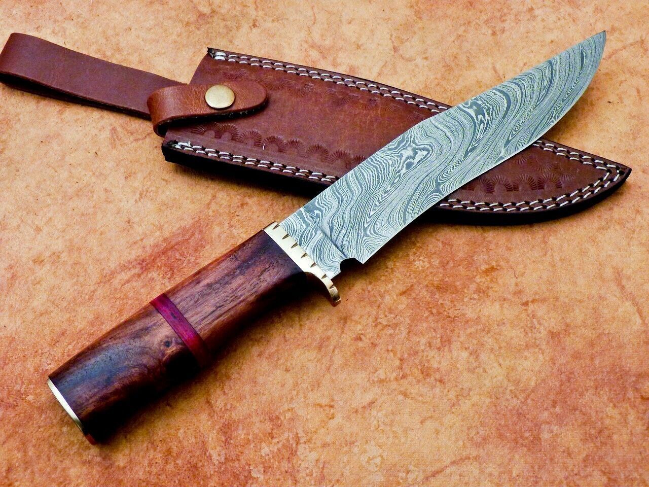 Heritage Forge 12" Handmade Damascus Steel Hunting Knife with Natural Wood Handle and Leather Sheath