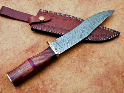 Heritage Forge 12" Handmade Damascus Steel Hunting Knife with Natural Wood Handle and Leather Sheath