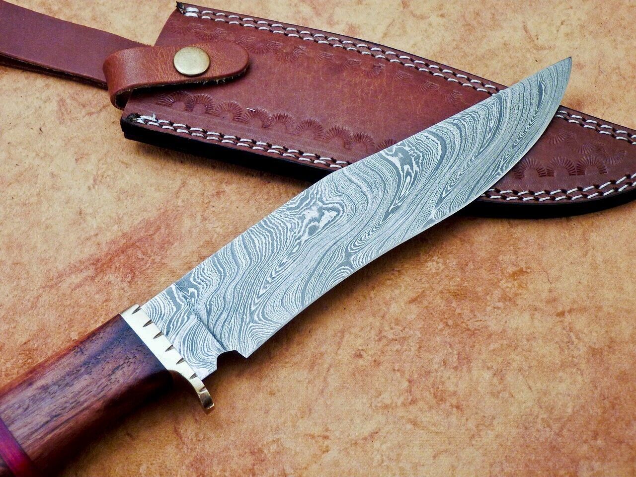 Heritage Forge 12" Handmade Damascus Steel Hunting Knife with Natural Wood Handle and Leather Sheath