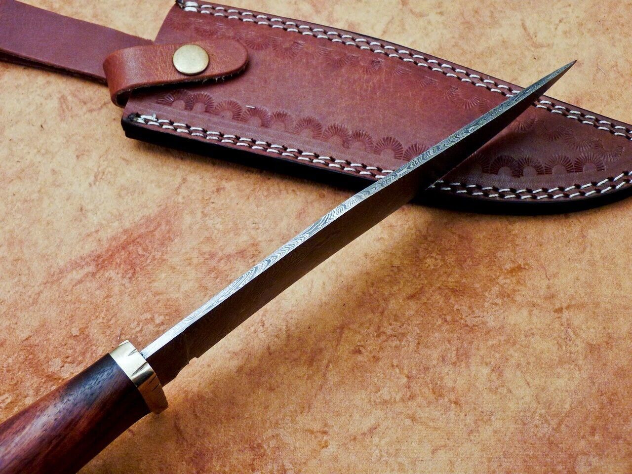Heritage Forge 12" Handmade Damascus Steel Hunting Knife with Natural Wood Handle and Leather Sheath