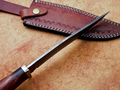 Heritage Forge 12" Handmade Damascus Steel Hunting Knife with Natural Wood Handle and Leather Sheath