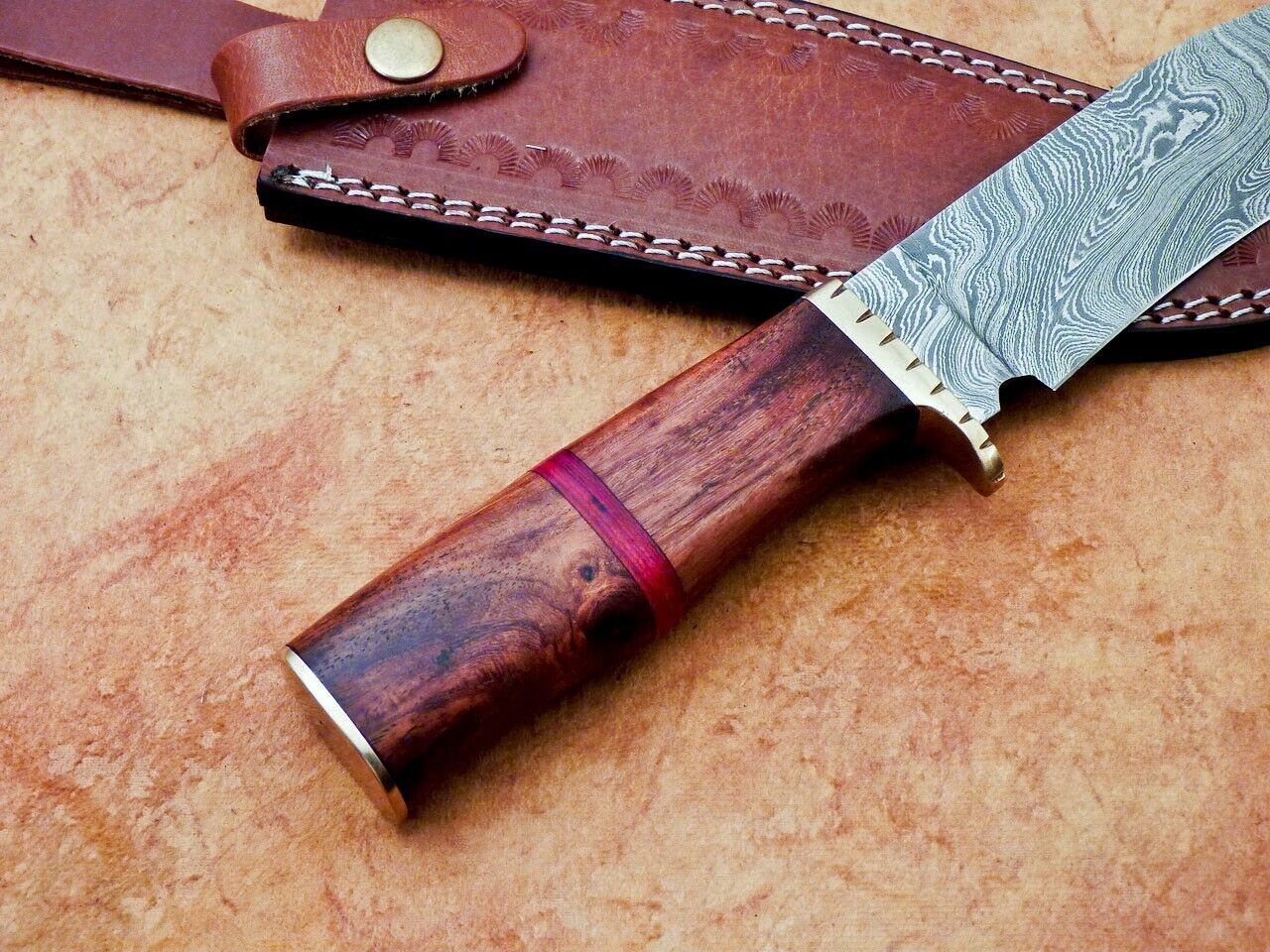 Heritage Forge 12" Handmade Damascus Steel Hunting Knife with Natural Wood Handle and Leather Sheath