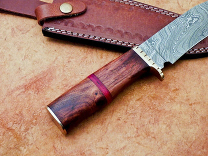 Heritage Forge 12" Handmade Damascus Steel Hunting Knife with Natural Wood Handle and Leather Sheath