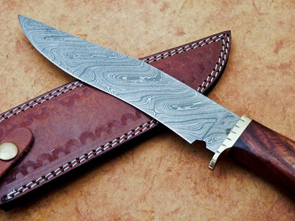 Heritage Forge 12" Handmade Damascus Steel Hunting Knife with Natural Wood Handle and Leather Sheath