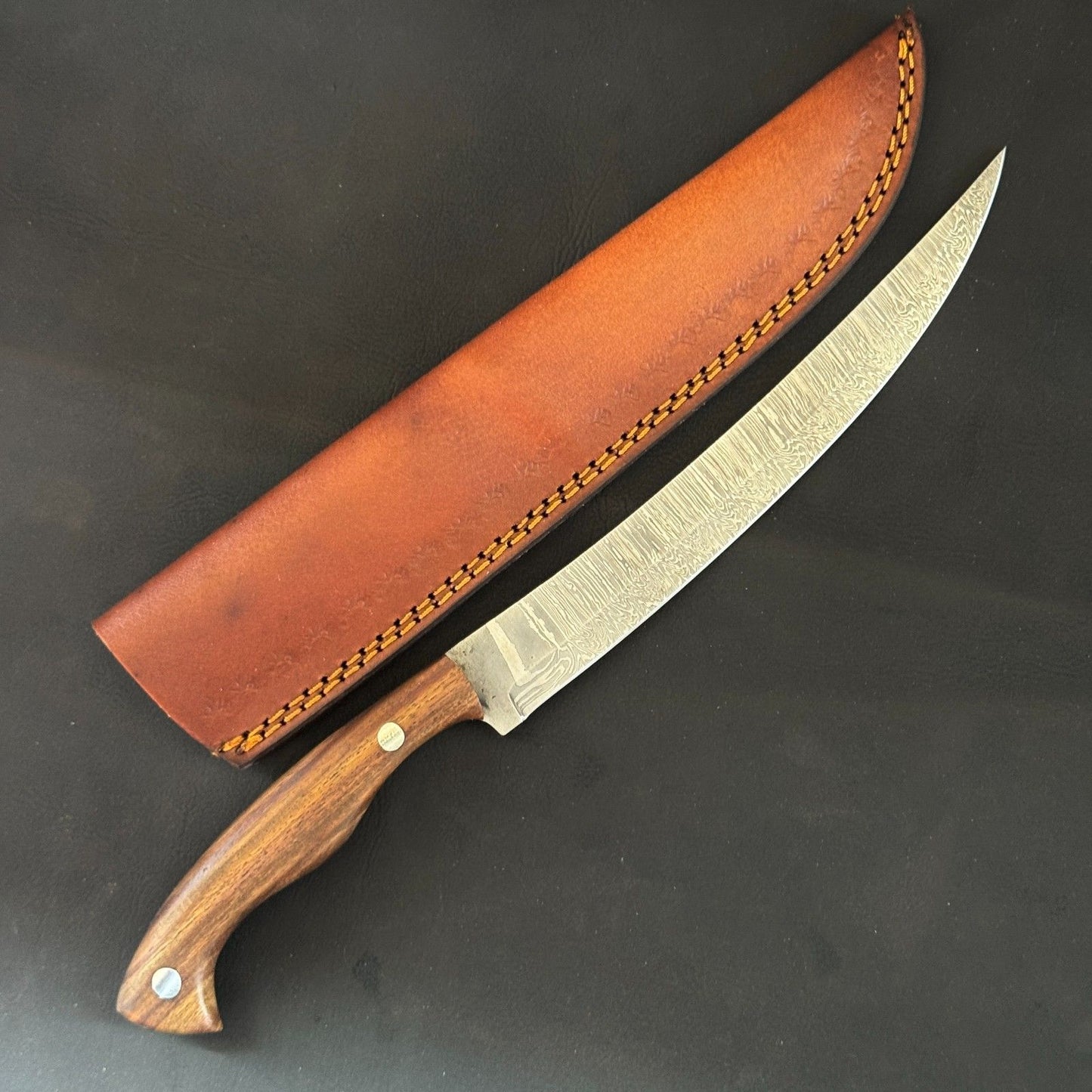 12" Handmade Damascus Steel Fillet Knife with Rose Wood Handle & Leather Sheath