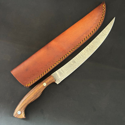 12" Handmade Damascus Steel Fillet Knife with Rose Wood Handle & Leather Sheath