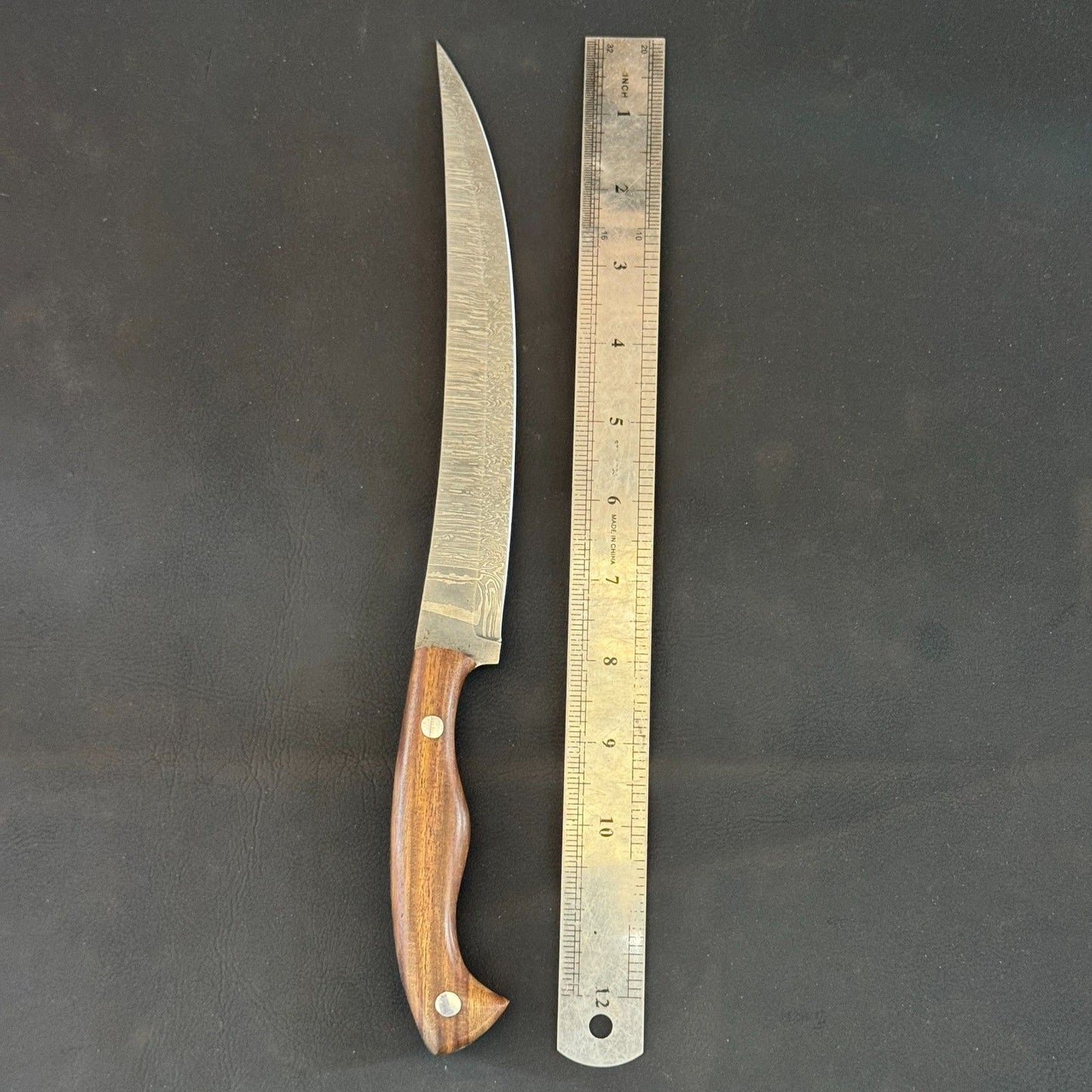 12" Handmade Damascus Steel Fillet Knife with Rose Wood Handle & Leather Sheath