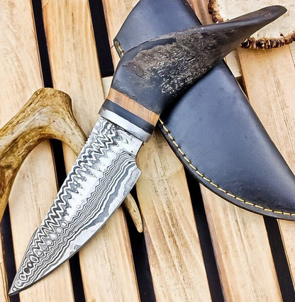 8.5" Custom Damascus Steel Bowie Knife – Ram Horn Handle
