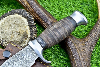 Heritage Forge 9" Leather Handle Damascus Steel Bowie Knife for Hunting and Camping