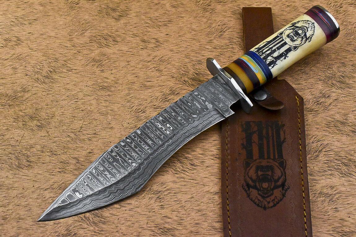 14.5” Damascus Bowie Knife | Scrimshaw Camel Bone Handle