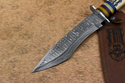14.5” Damascus Bowie Knife | Scrimshaw Camel Bone Handle