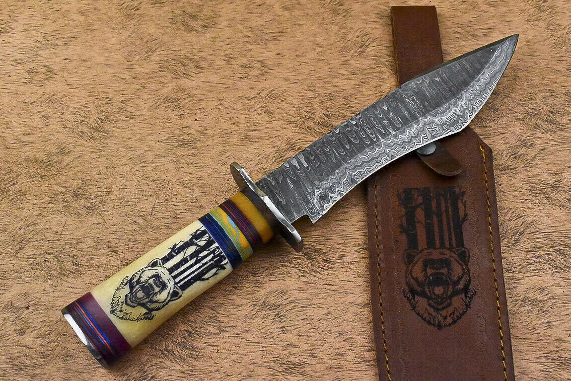 14.5” Damascus Bowie Knife | Scrimshaw Camel Bone Handle