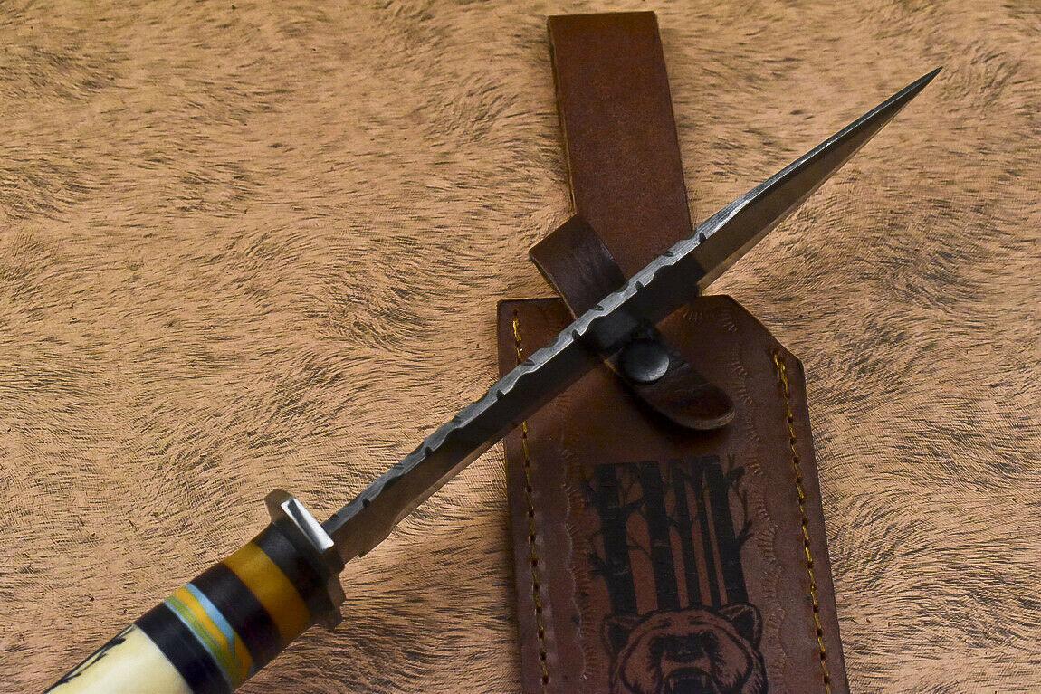 14.5” Damascus Bowie Knife | Scrimshaw Camel Bone Handle