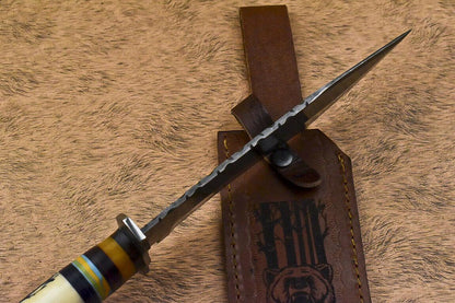 14.5” Damascus Bowie Knife | Scrimshaw Camel Bone Handle