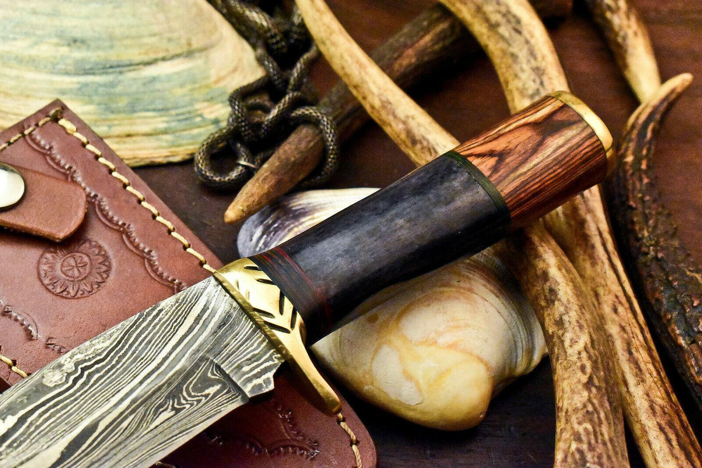 9" Handmade Damascus Steel Bowie Knife – Walnut Wood Handle with Leather Sheath