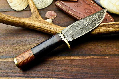 9" Handmade Damascus Steel Bowie Knife – Walnut Wood Handle with Leather Sheath