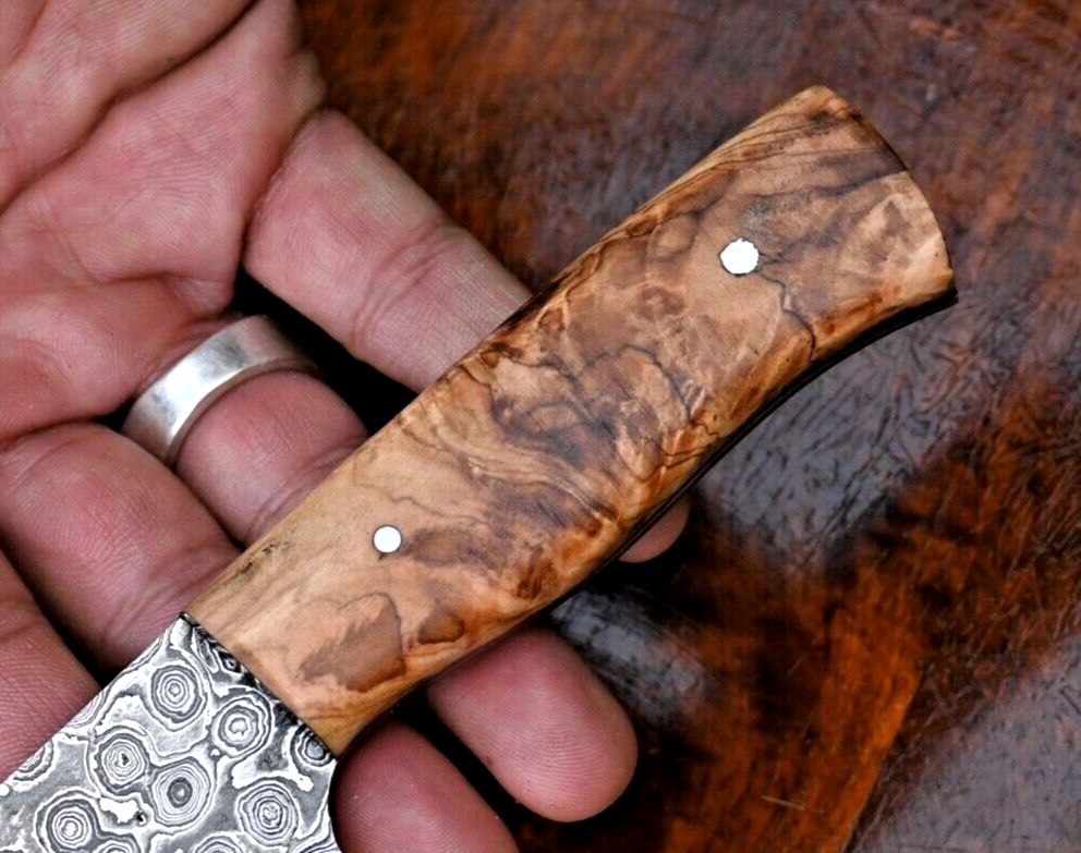 Custom Raindrop Damascus Hunting Knife with Wood Handle and Leather Sheath