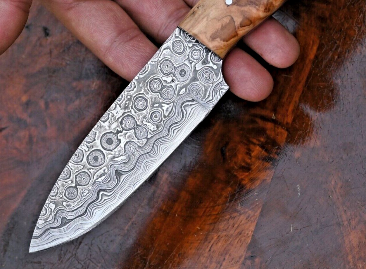 Custom Raindrop Damascus Hunting Knife with Wood Handle and Leather Sheath