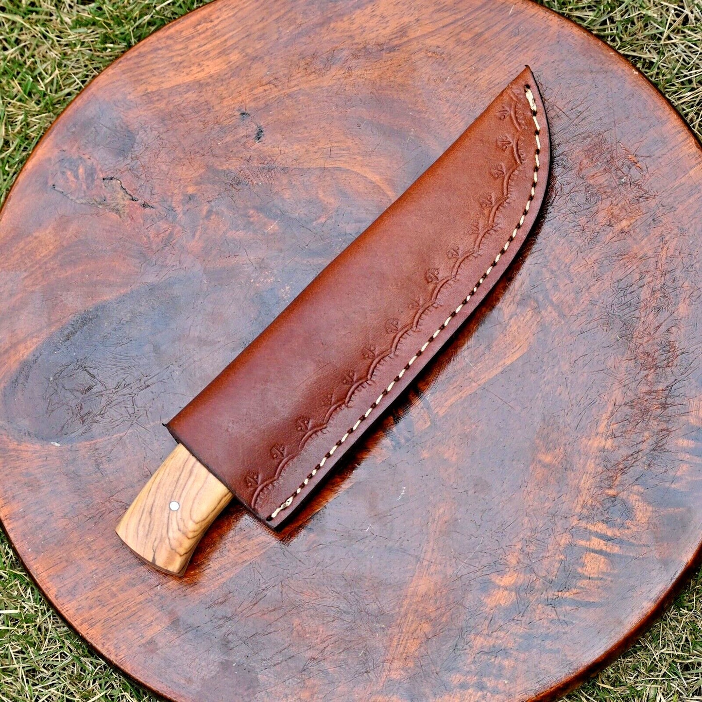 Custom Raindrop Damascus Hunting Knife with Wood Handle and Leather Sheath